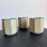Trio de tasses à facettes en grès – Artisanat vintage beige & bleu gris