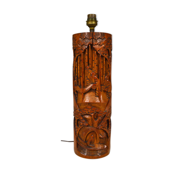 Lampe de salon asiatique en bois sculpté, mid-century