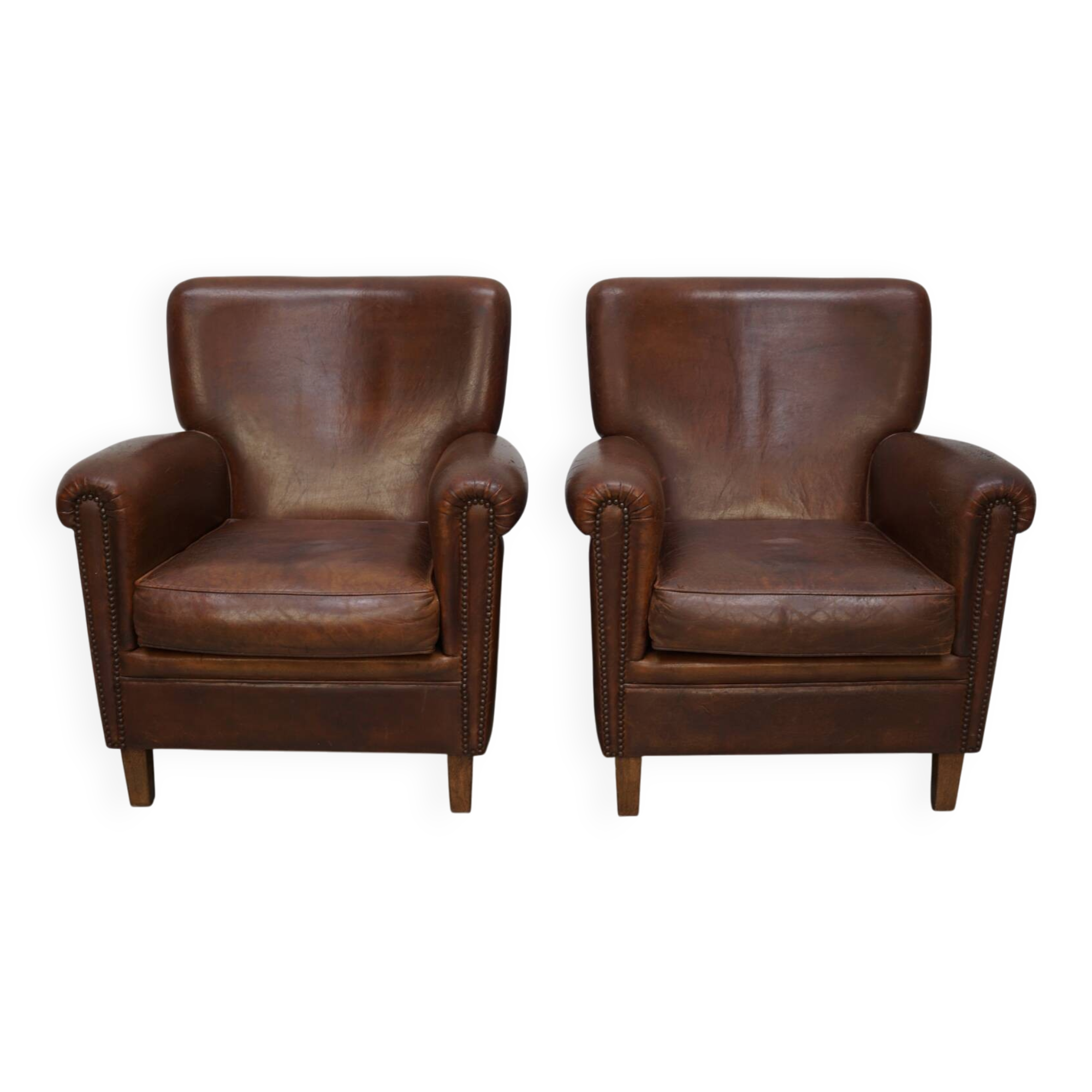 Vintage Dutch Cognac Colored Leather Club Chair, Set of 2