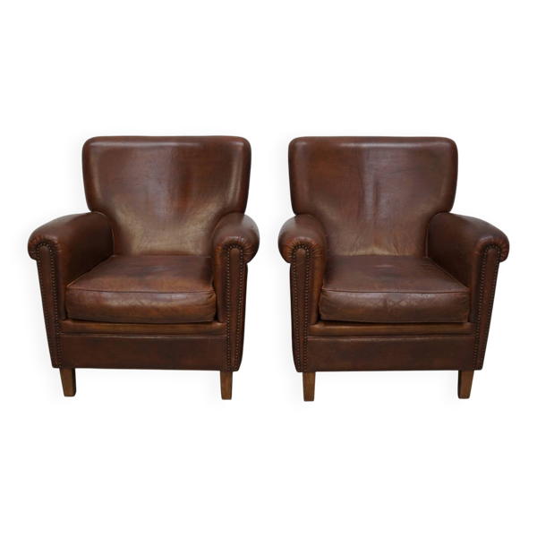 Fauteuils de club en cuir couleur cognac néerlandais vintage, ensemble de 2