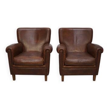 Vintage Dutch Cognac Colored Leather Club Chair, Set of 2