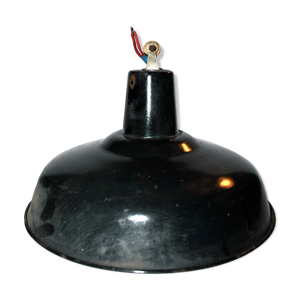 Lampe d'atelier vintage en métal émaillé noir et blanc - Suspension industrielle ancienne