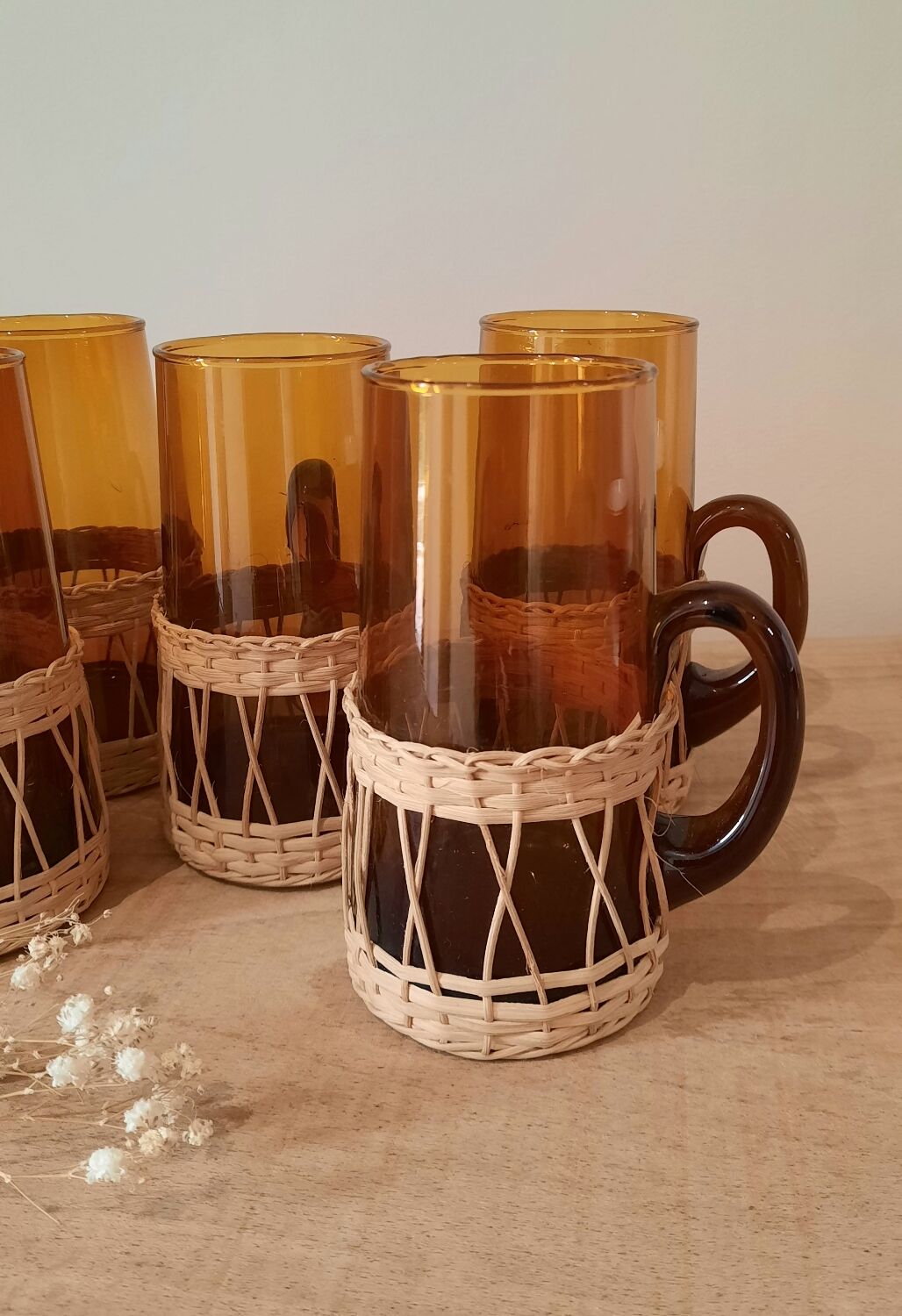 Vintage amber wicker glasses