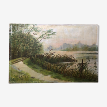 Ancien tableau huile sur toile C. Guyon campagne XlXeme vintage