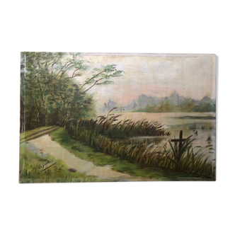 Ancien tableau huile sur toile C. Guyon campagne XlXeme vintage