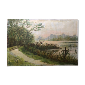 Ancien tableau huile sur toile C. Guyon campagne XlXeme vintage