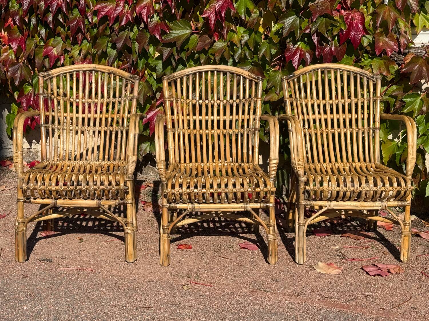 Set of 3 rattan armchairs from the 1970s France