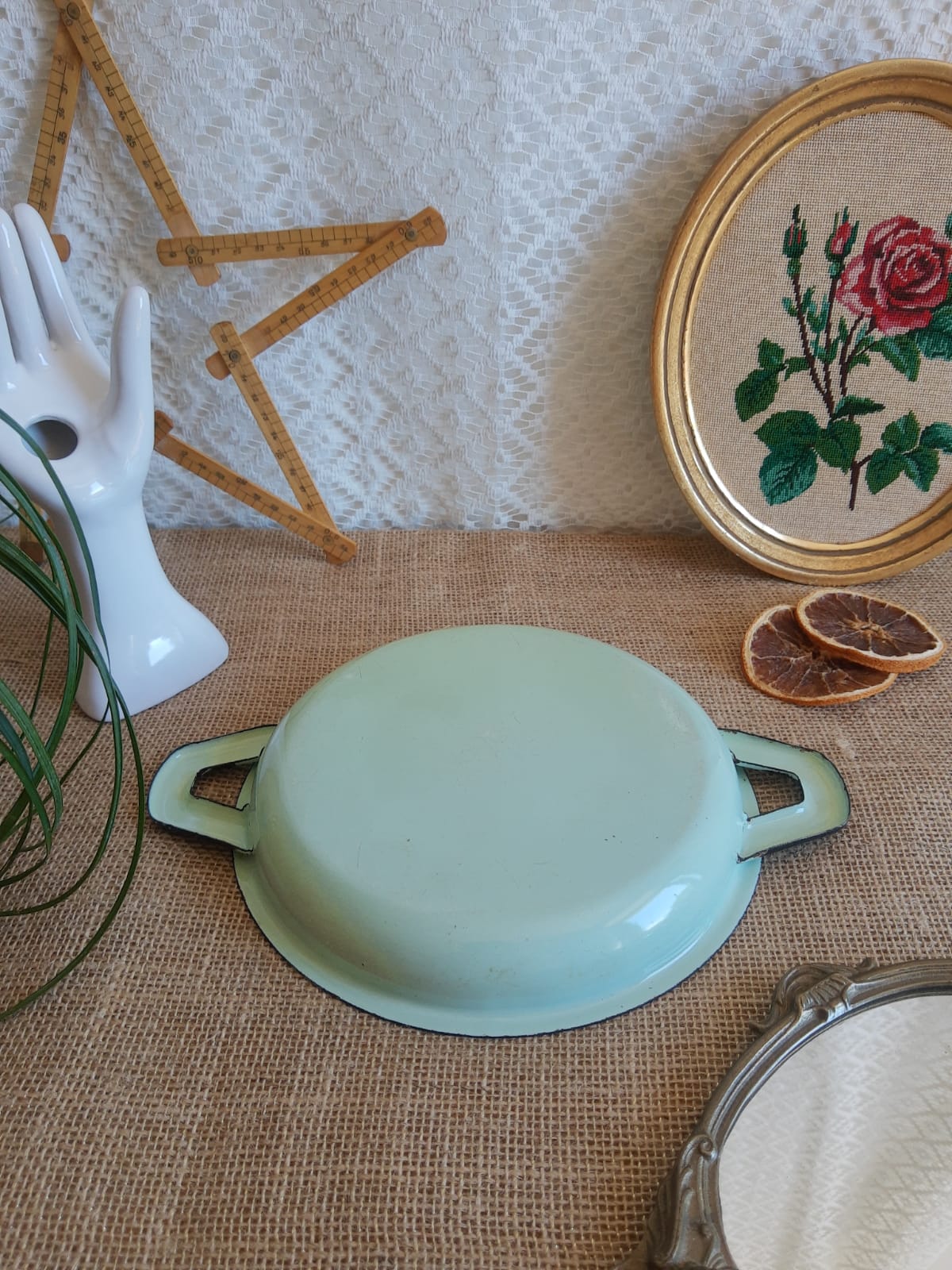 Egg dish green steel enamelled vintage