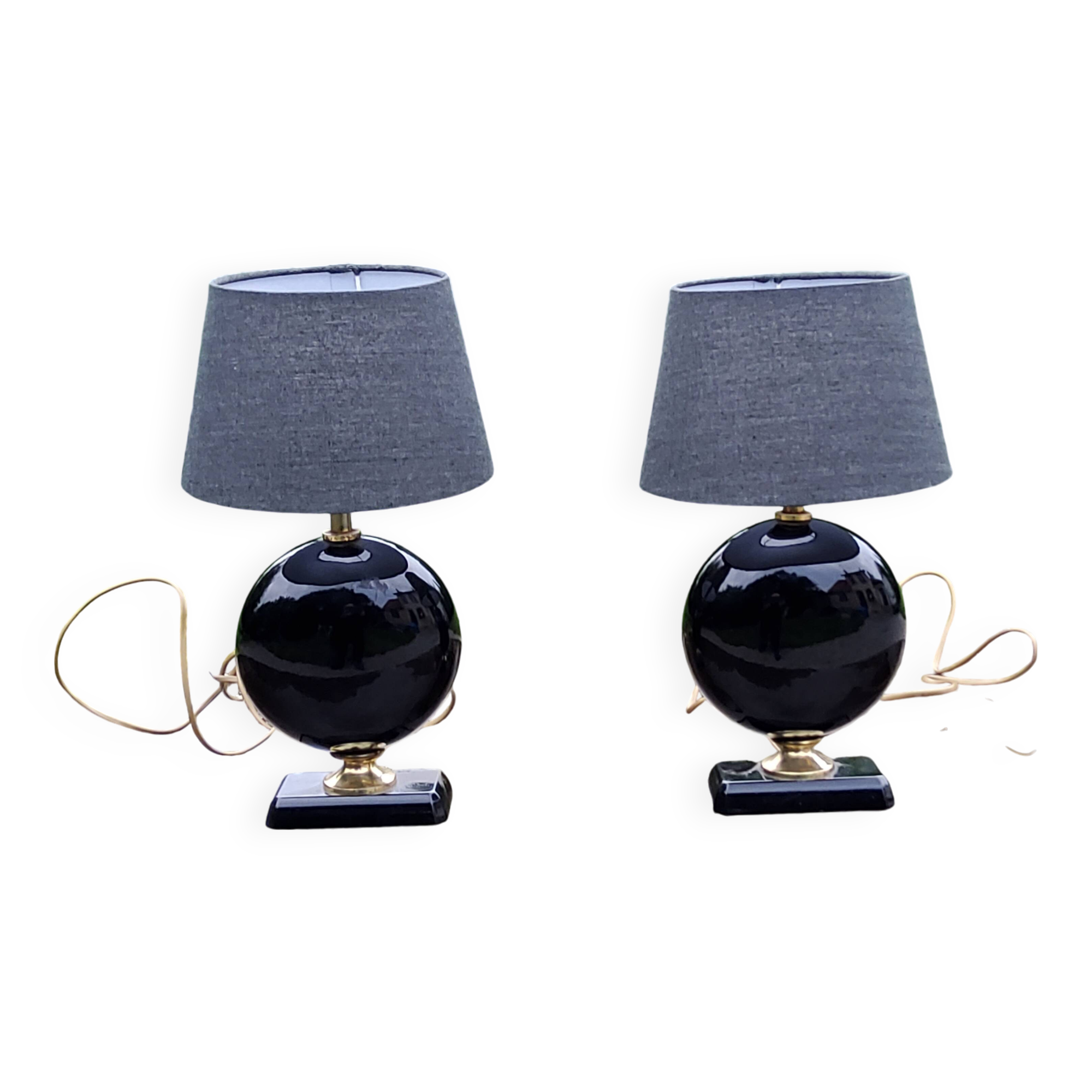 Pair of 70s designer lamps in black ceramic and gold metal