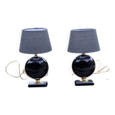 Pair of 70s designer lamps in black ceramic and gold metal