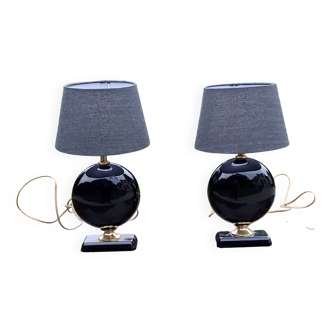 Pair of 70s designer lamps in black ceramic and gold metal