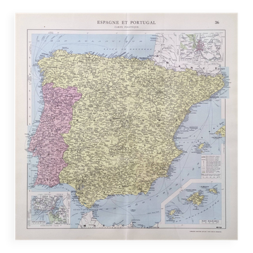 Vintage map of Spain and Portugal 43x43cm from 1950.