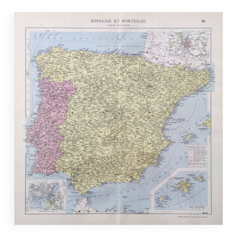 Carte Espagne et Portugal vintage 43x43cm de 1950