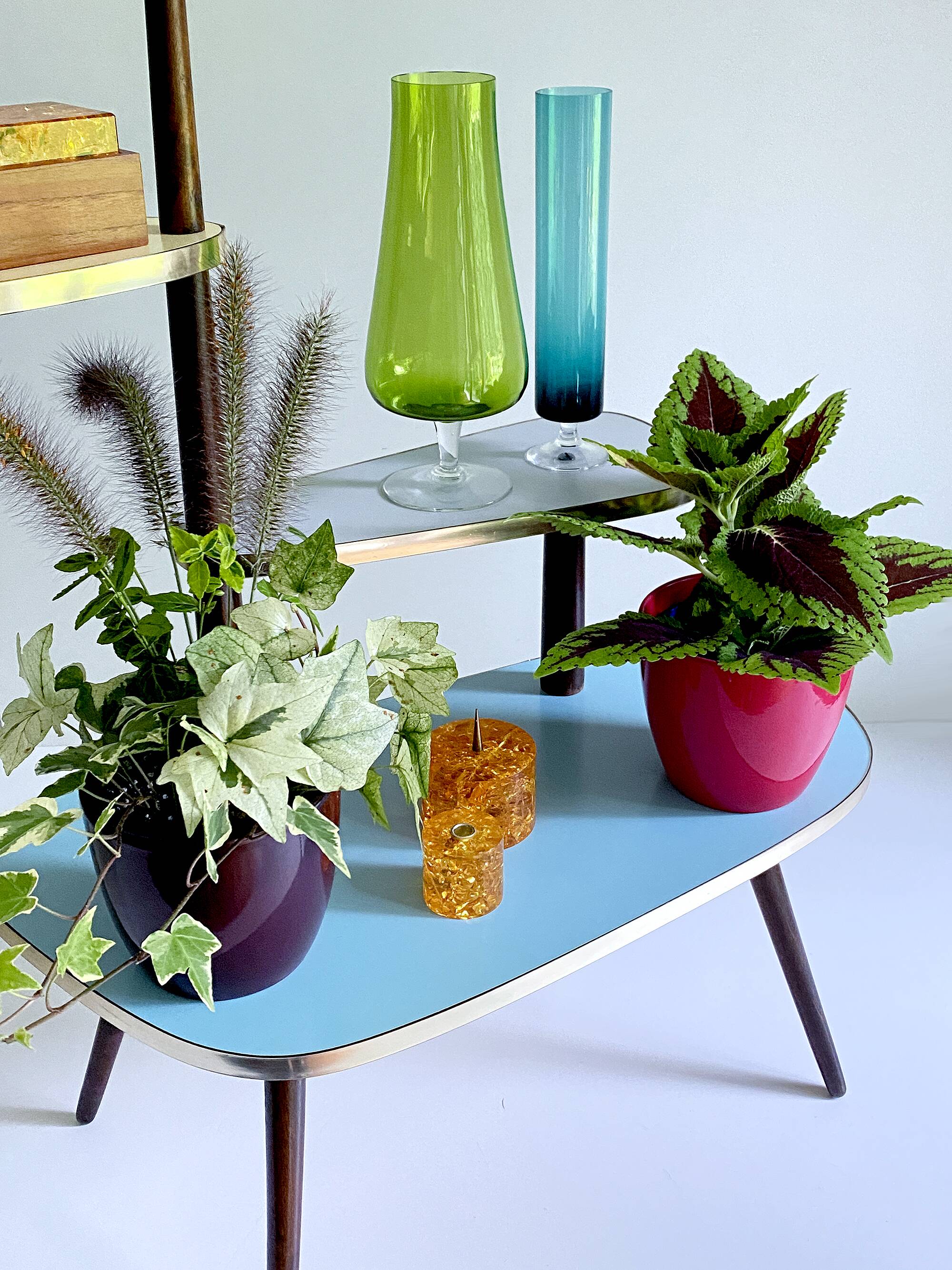 Table Desserte ètagère door vintage plant, 50s, blue gray Yellow Red
