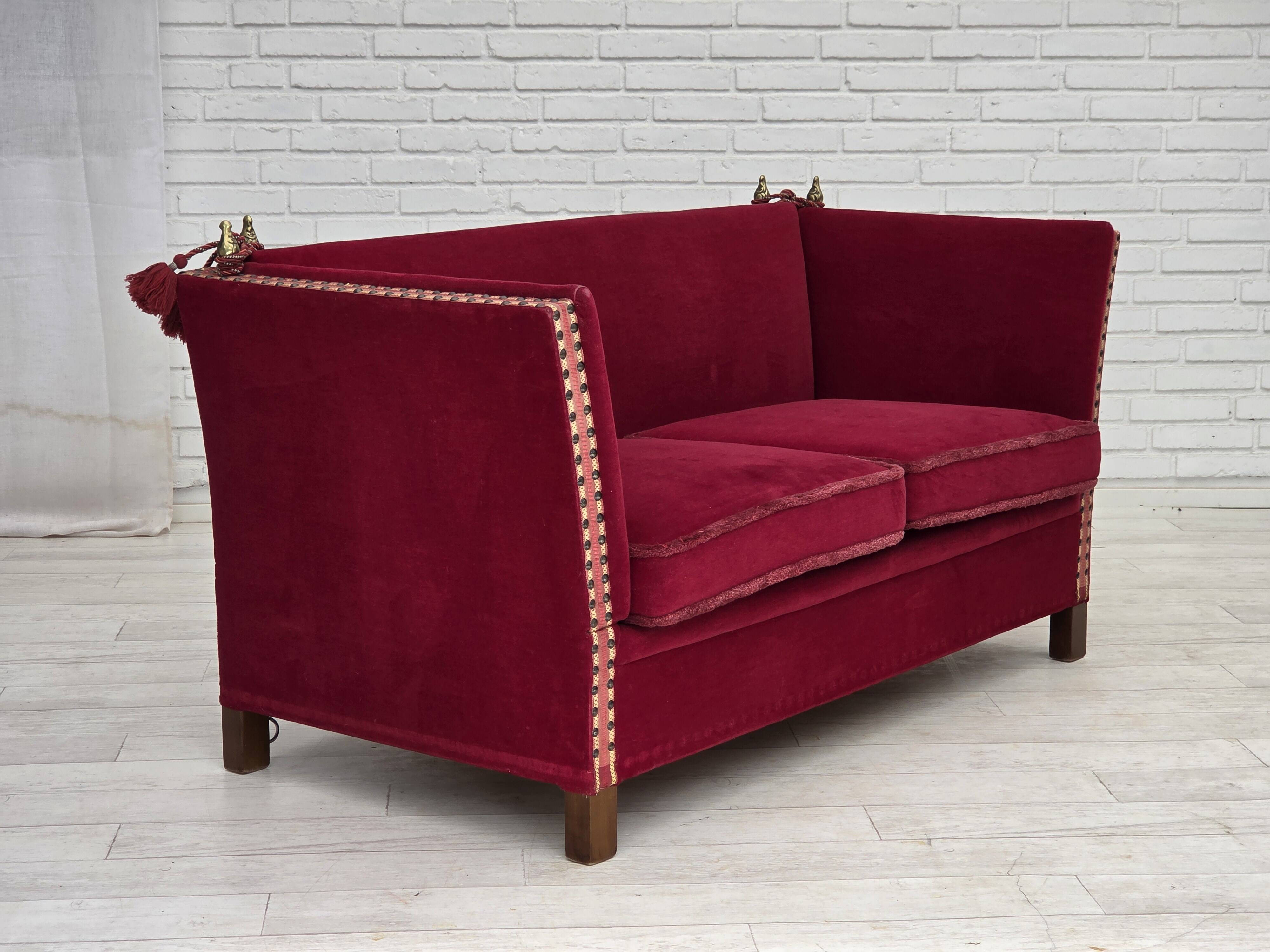 1970s, Danish 2-seater "Spanish" drop arm sofa, red furniture velour.