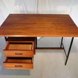 Modernist vintage desk in wood and black lace-up steel