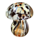 Mosaic glass mushroom lamp in black, white, and amber.