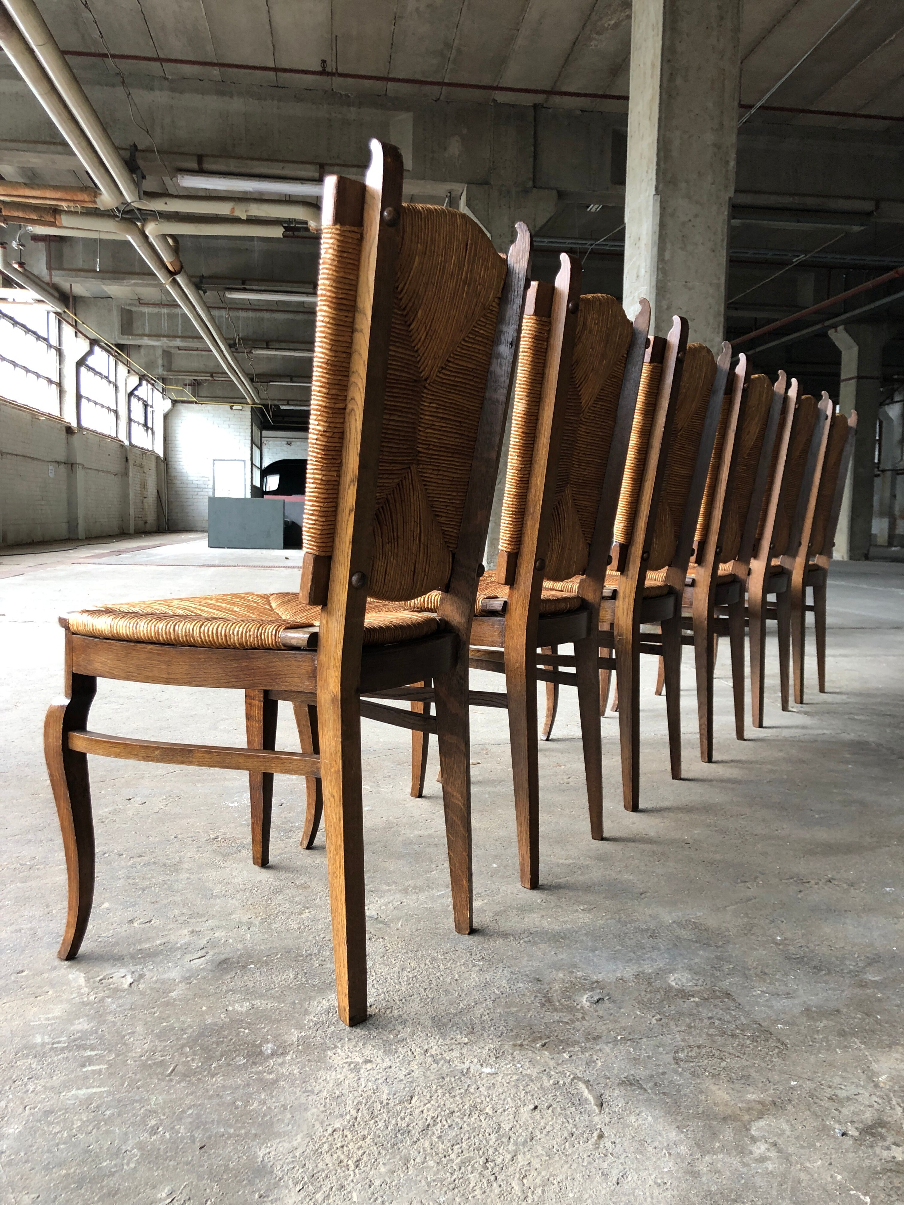 Dining chairs with rush made of oak wood, France 1950s, Set of 6