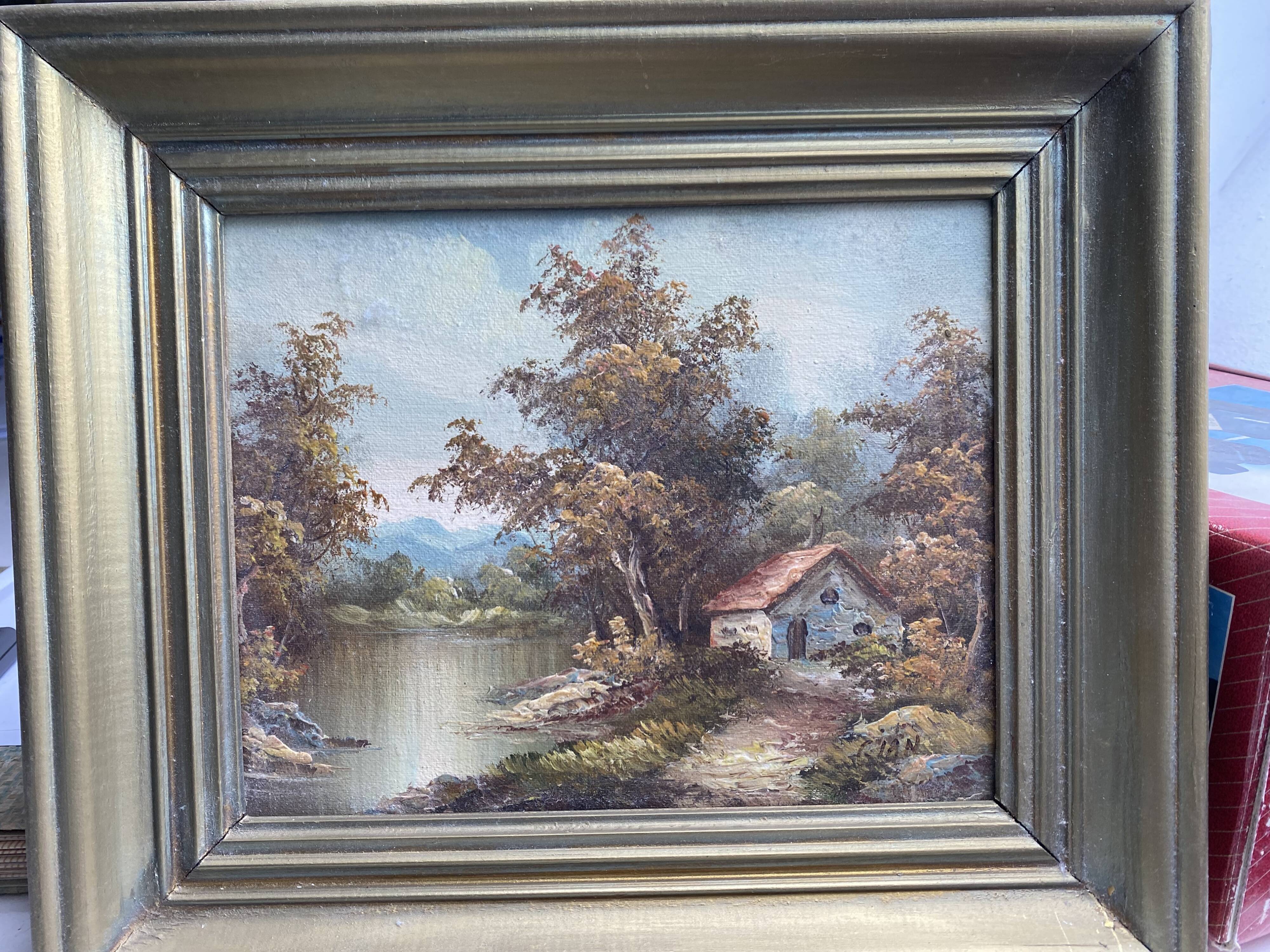 Vintage landscape painting with a house signed GIAN.