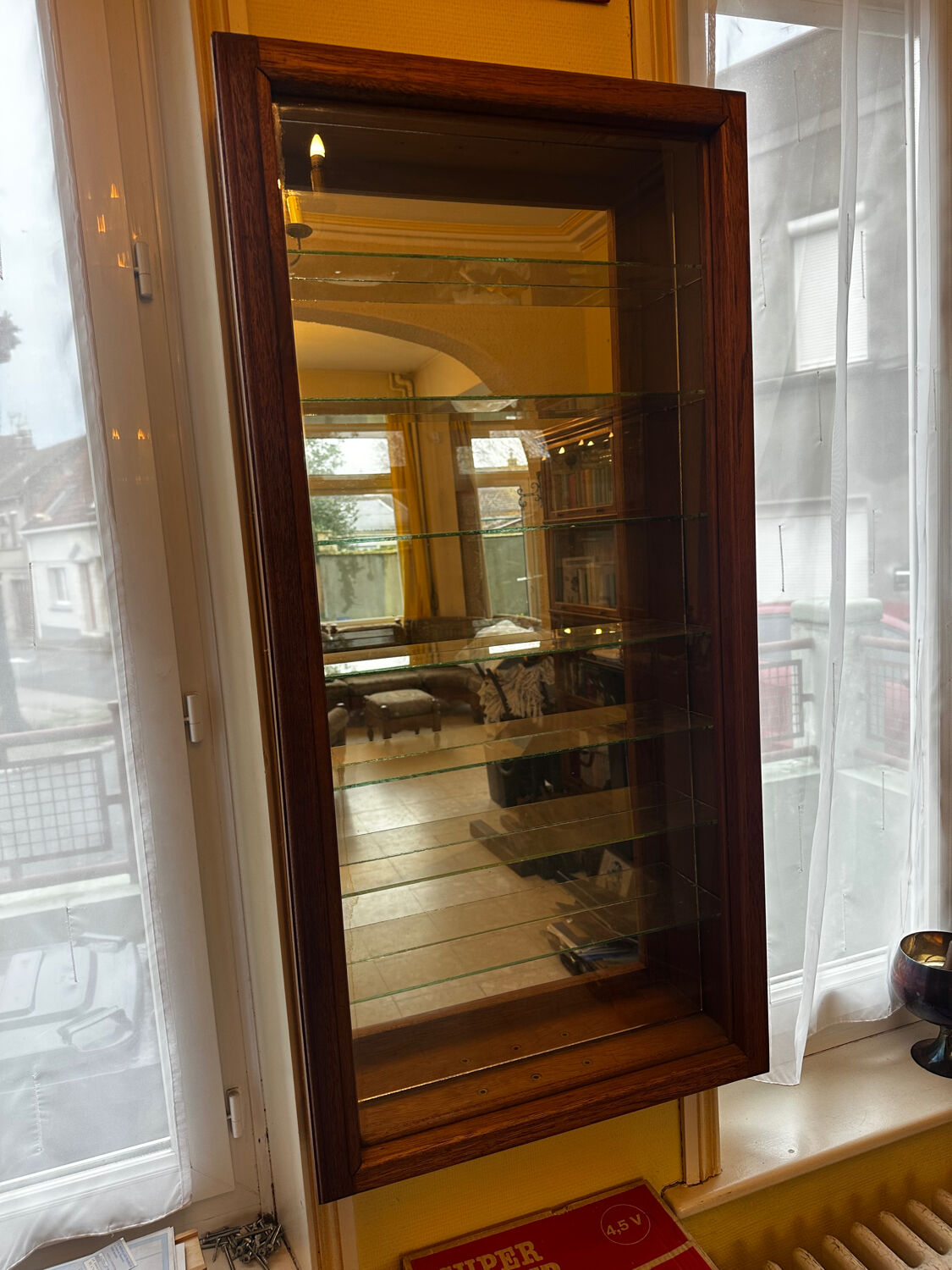 Wall display cabinet - wood - glass and mirror H 107 / W 53 / D 15.5 cm