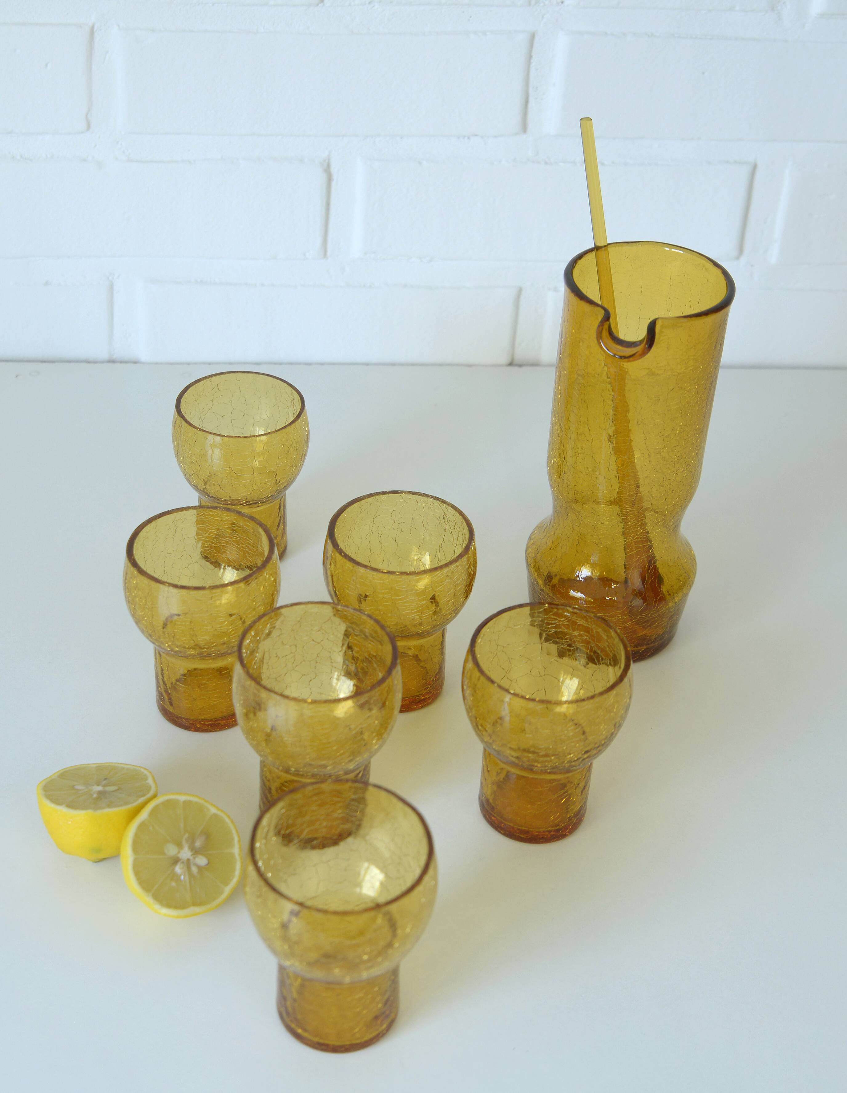 Vintage Amber Crackle Glass Shot Glass Set Mid Century Modern Barware