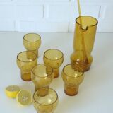 Vintage Amber Crackle Glass Shot Glass Set Mid Century Modern Barware