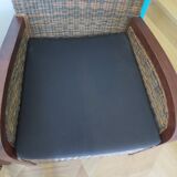 2 colonial-style armchairs in woven rattan and exotic wood