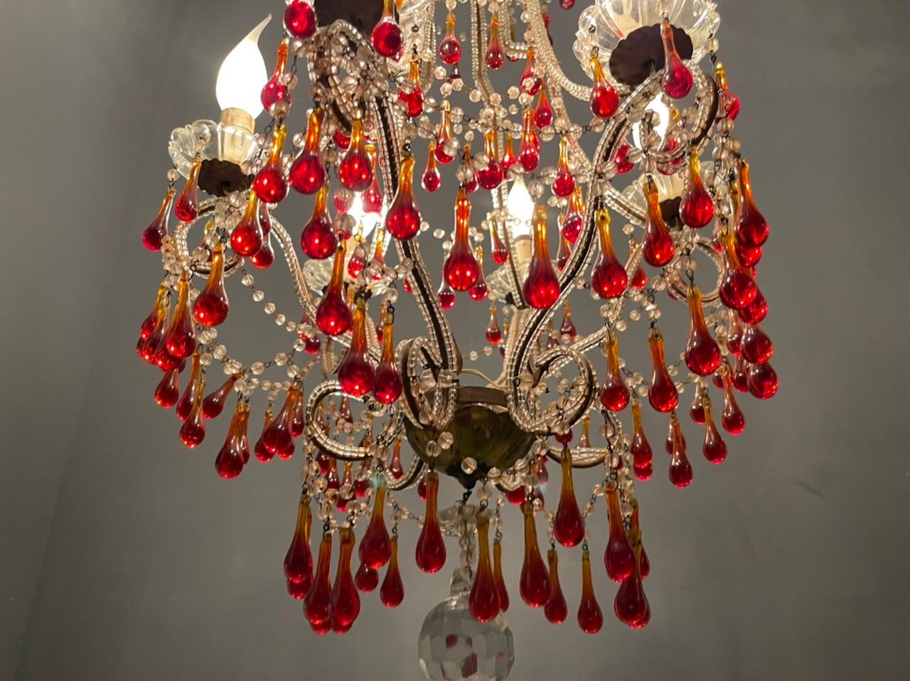 Vintage italian murano glass crystal macaroni beaded chandelier, 1950s
