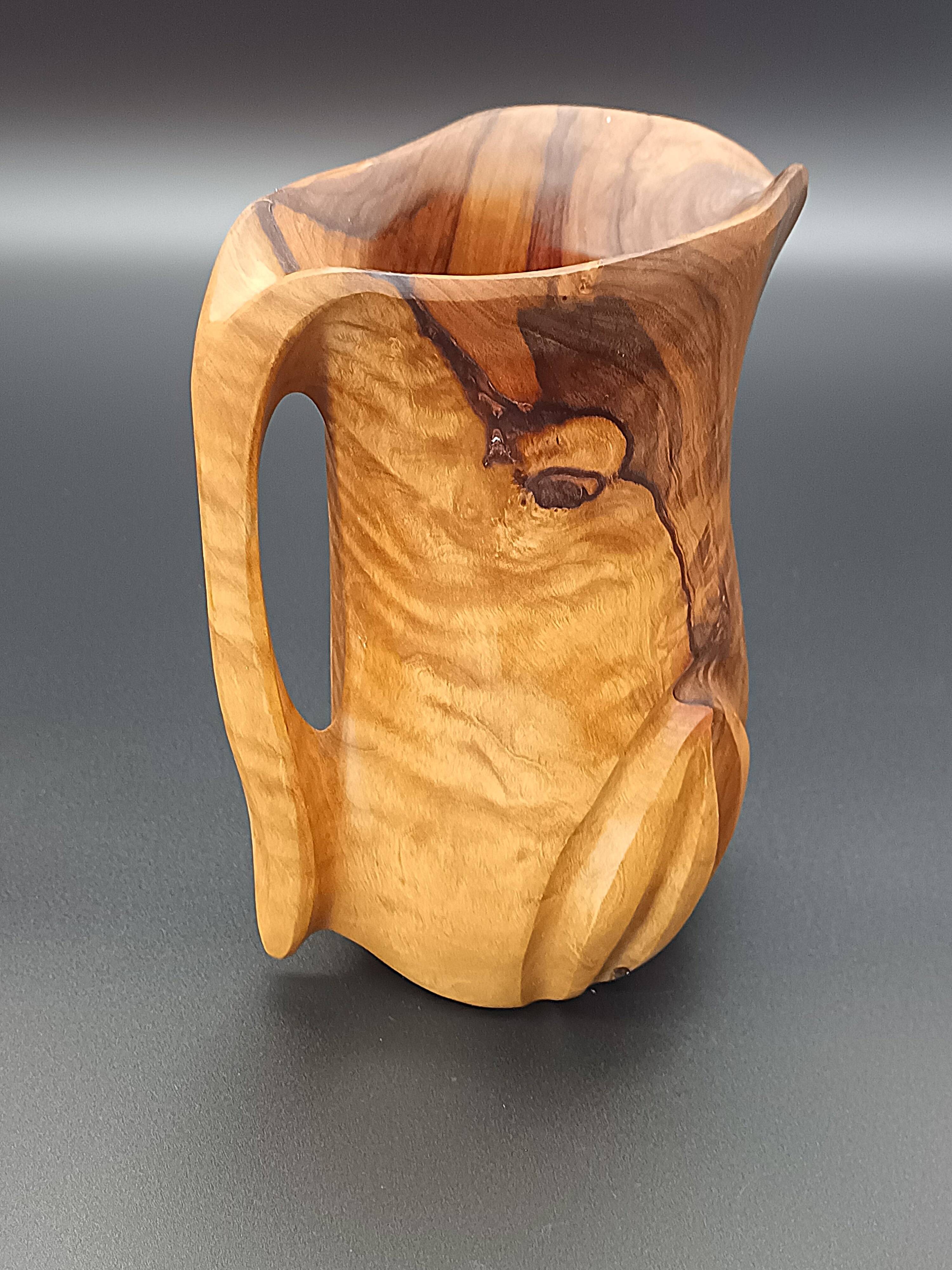Artisanal Vintage Pitcher Carved Solid Olive Wood Hnos Olivo Spain (17
