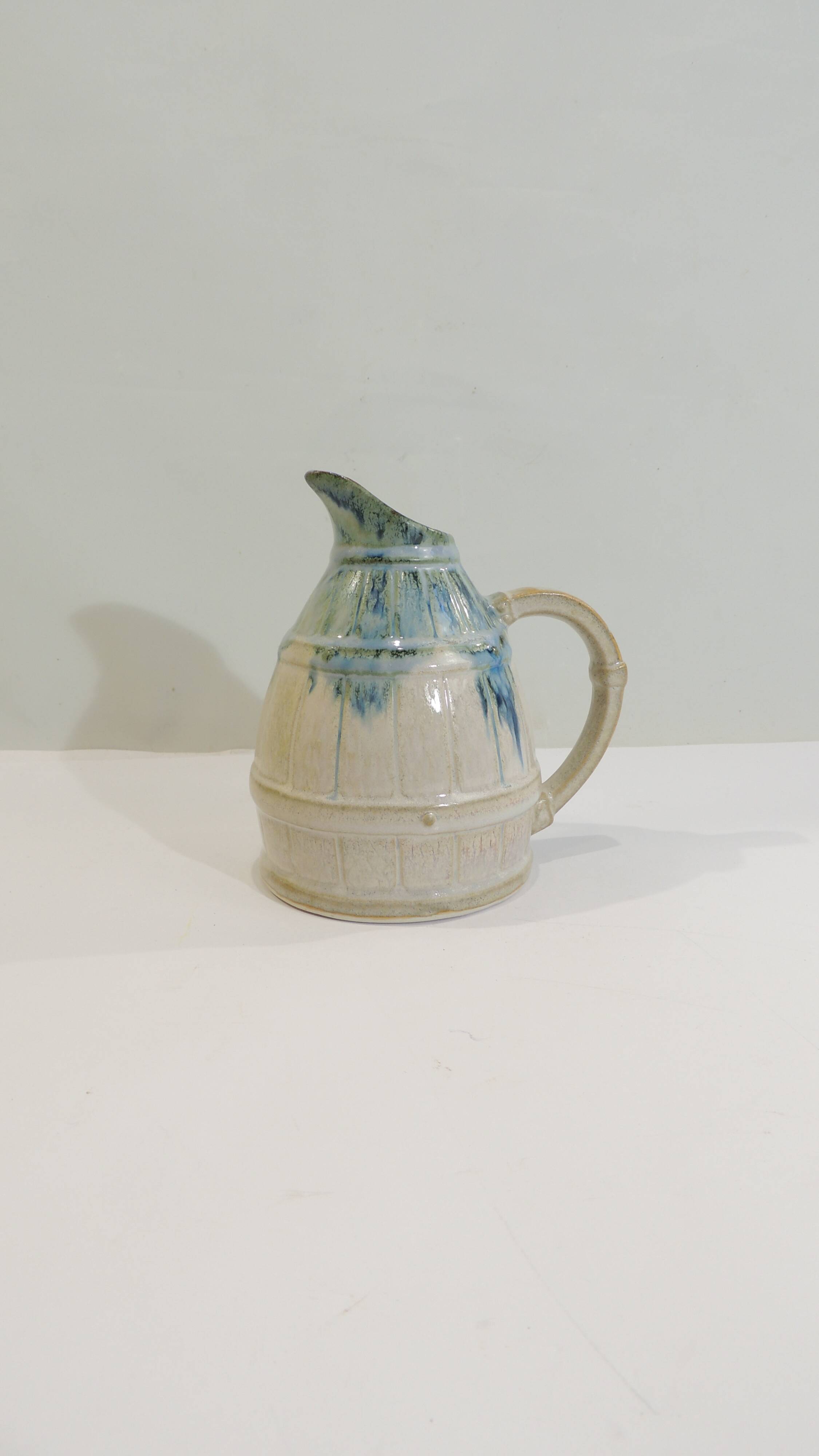 Vintage beige and blue glazed ceramic pitcher – Rustic handcrafted jug