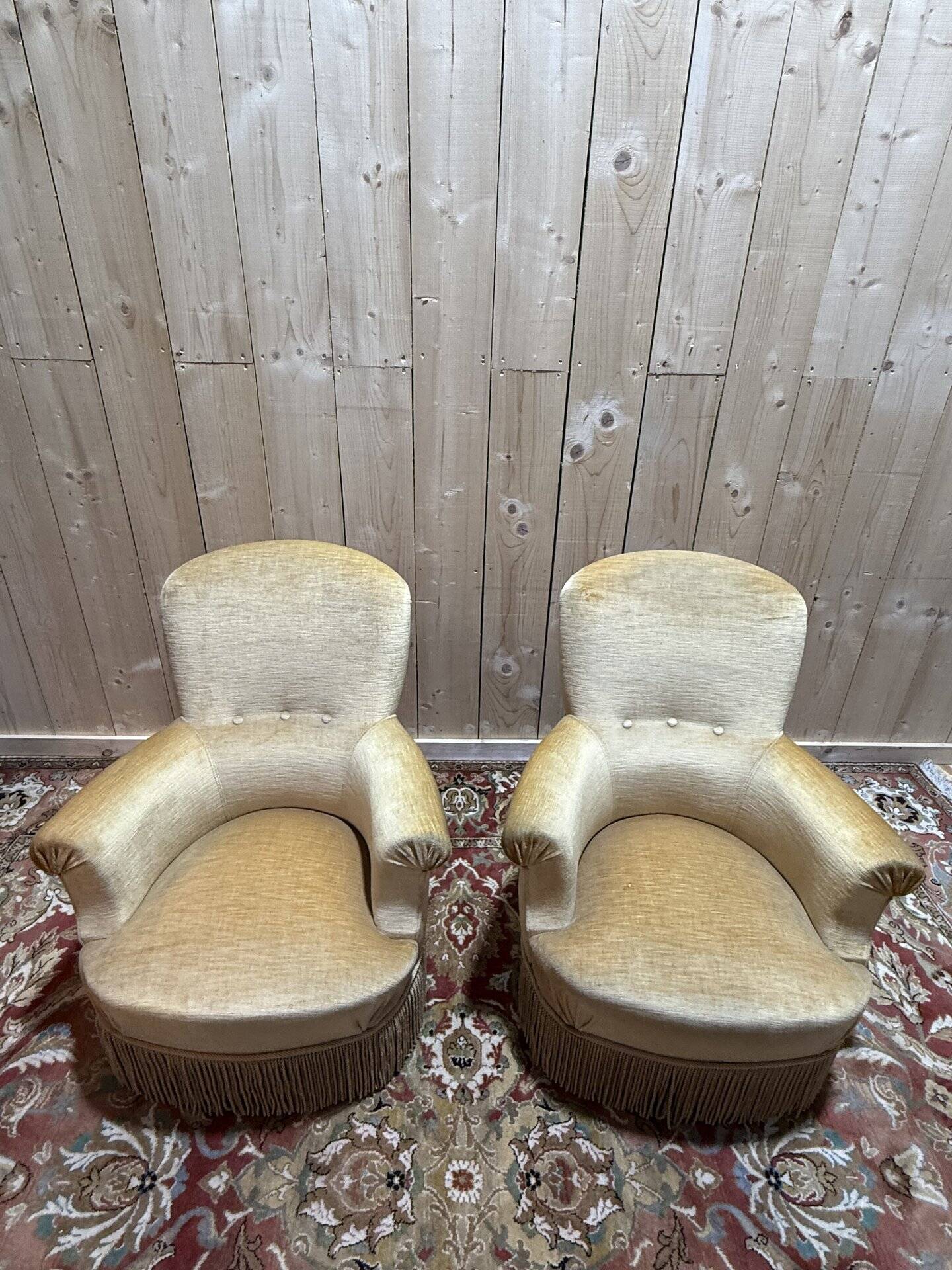Pair of English-style armchairs in yellow velvet