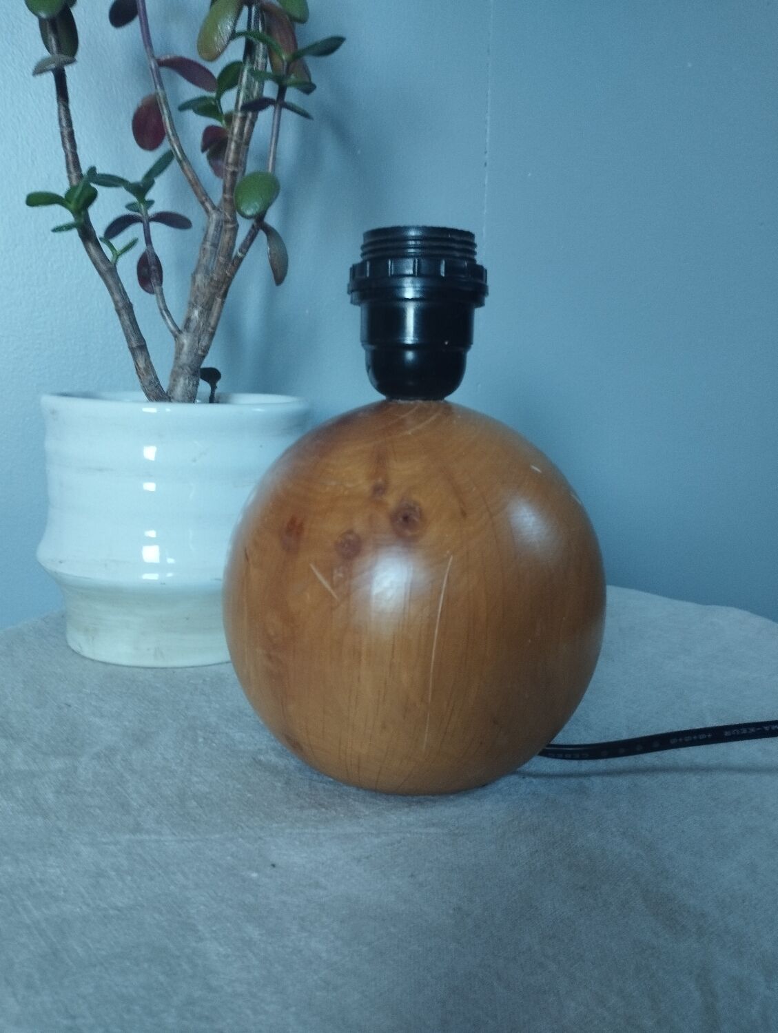 Table lamp foot ball light wood, lampshade ecru paper, 1970's