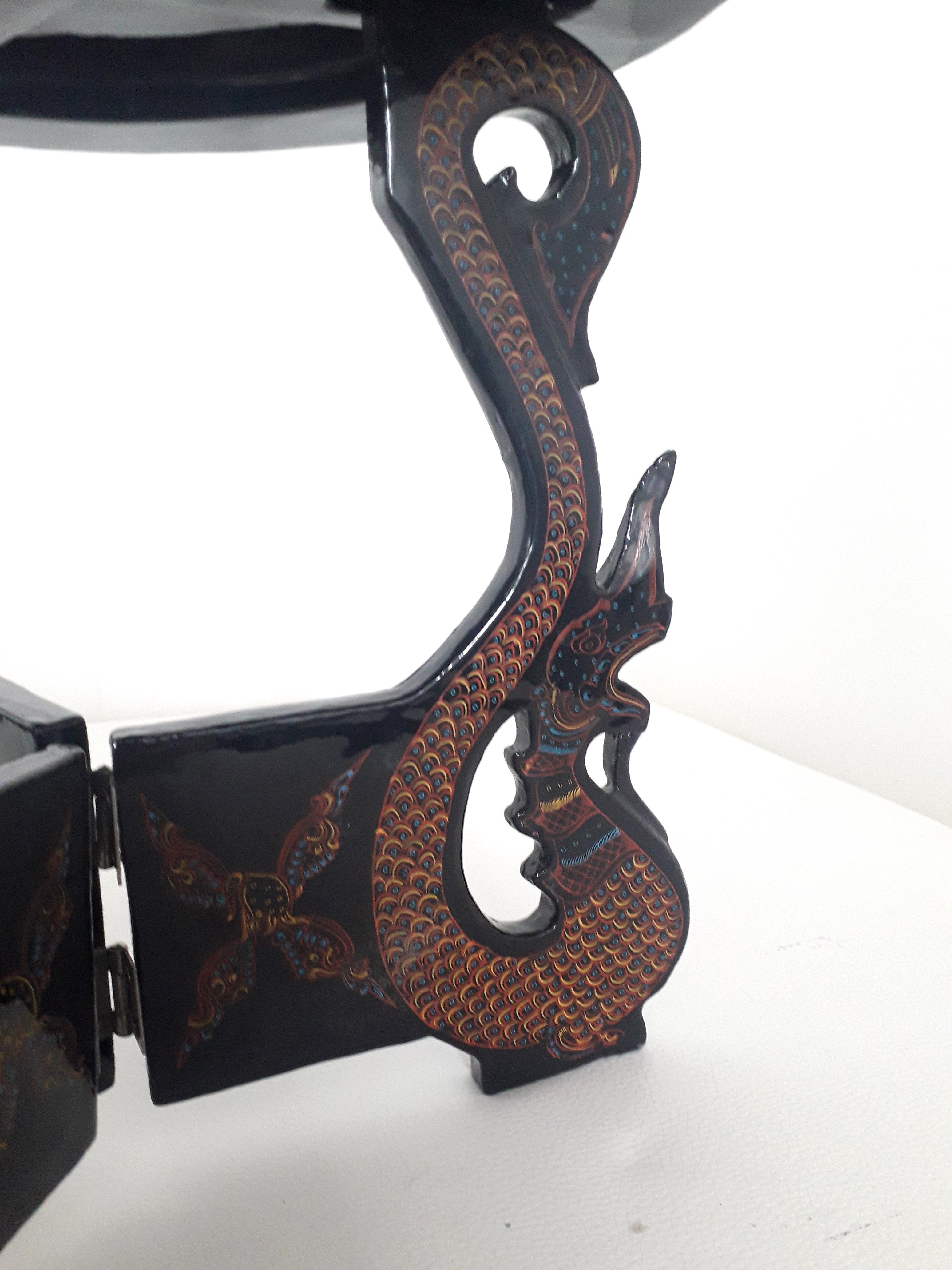 Pedestal table / asian tripod plant holder - black lacquered wood - 1970