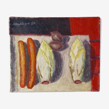 Old painting, still life with endive nuts and sausages, signed and dated 80
