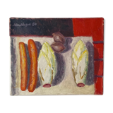 Old painting, still life with endive nuts and sausages, signed and dated 80