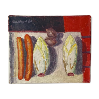 Old painting, still life with endive nuts and sausages, signed and dated 80