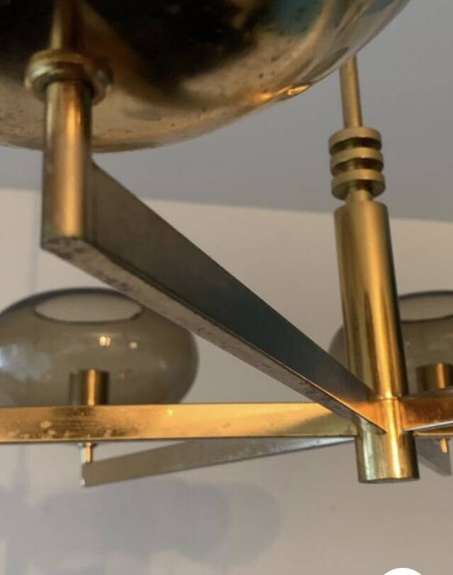 Italian brass chandelier with 6 grey smoked glass globes