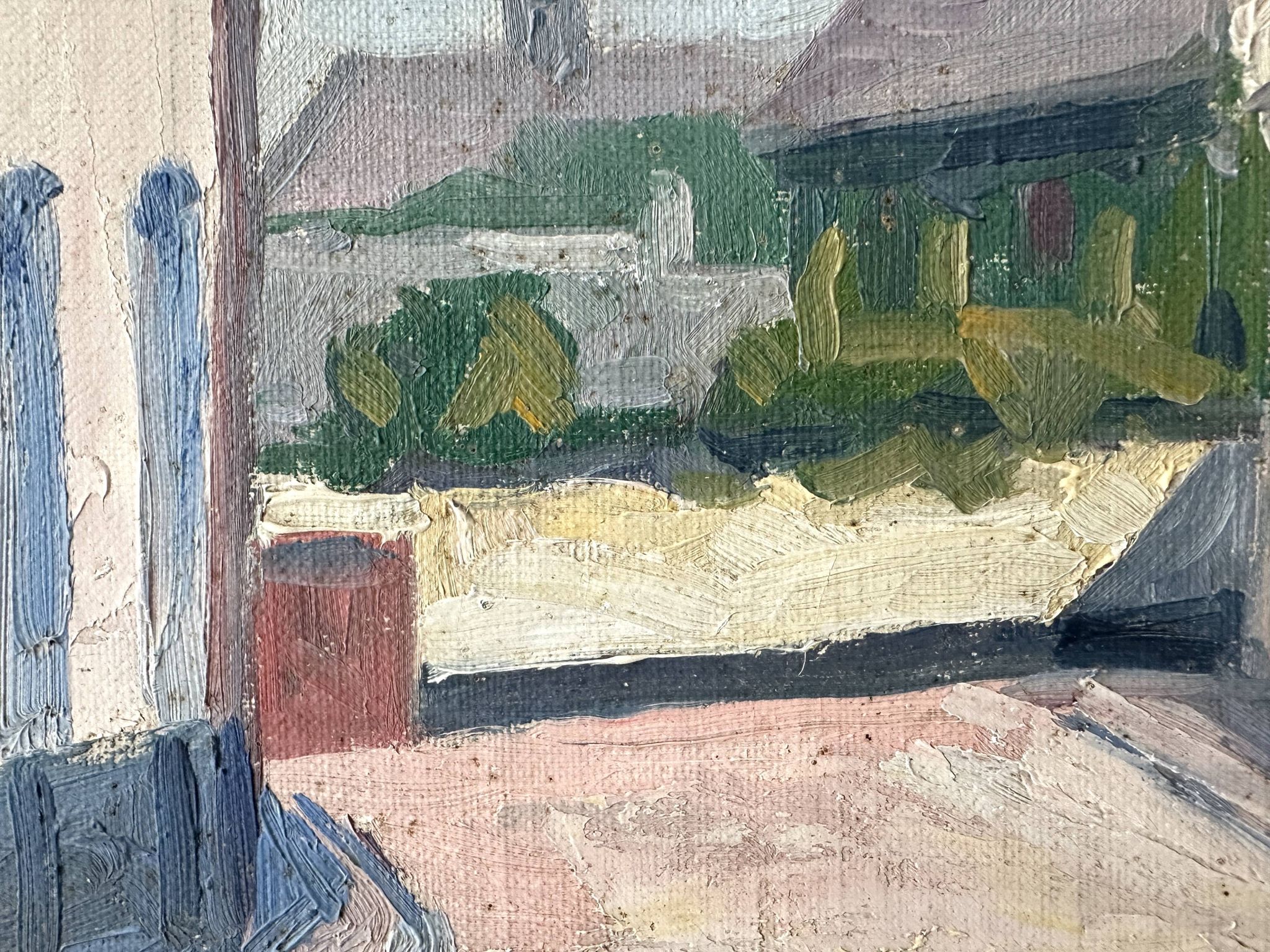 Oil on canvas of a French village "Bavay" 1928, landscape signed and framed.