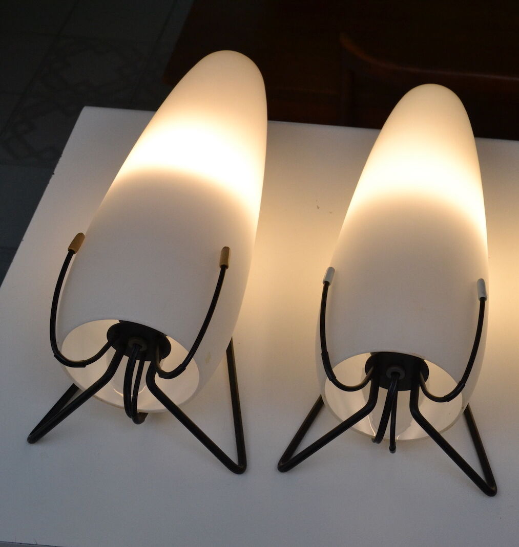 Pair of wall lamps louis kalff opaline wired metal