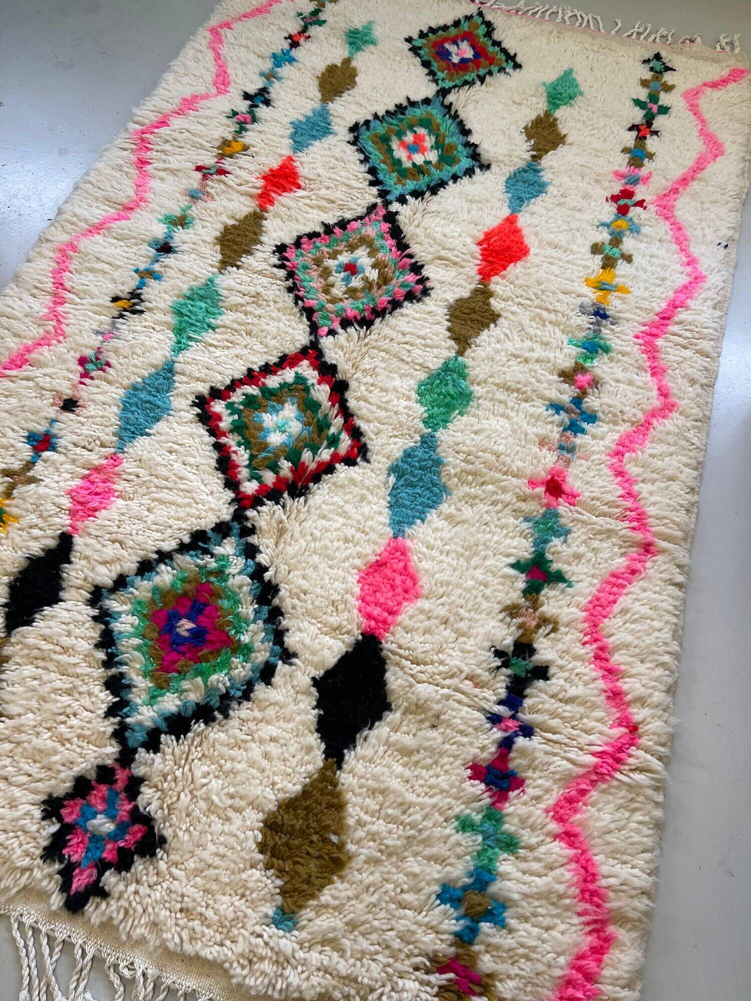 Moroccan Berber rug in ecru with multicoloured diamonds and bright pink – 240 × 139