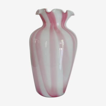 Pink and white glass collar vase