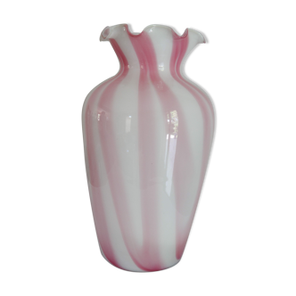 Pink and white glass collar vase