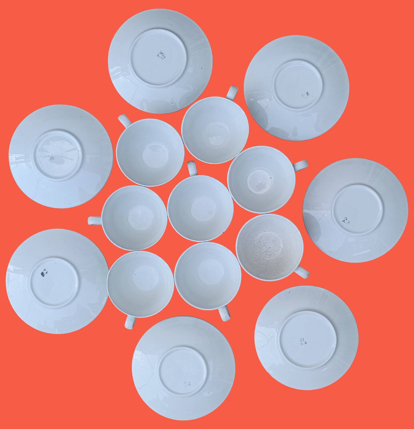 8 cups and 7 saucers with Badonviller stripes