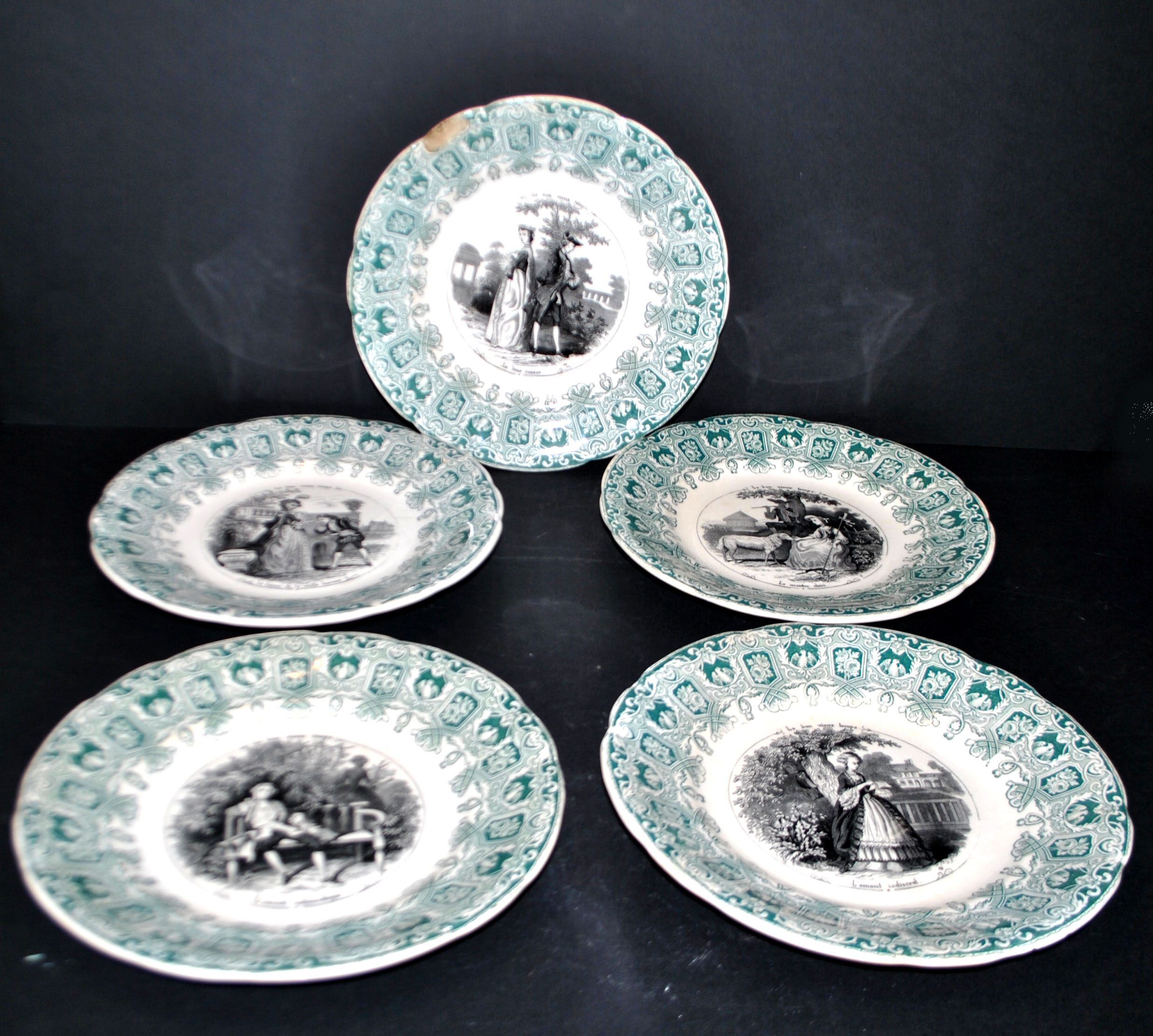 Sarreguemines set of 5 talking plates from the Bon Vieux Temps series, opaque earthenware.