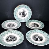Sarreguemines set of 5 talking plates from the Bon Vieux Temps series, opaque earthenware.