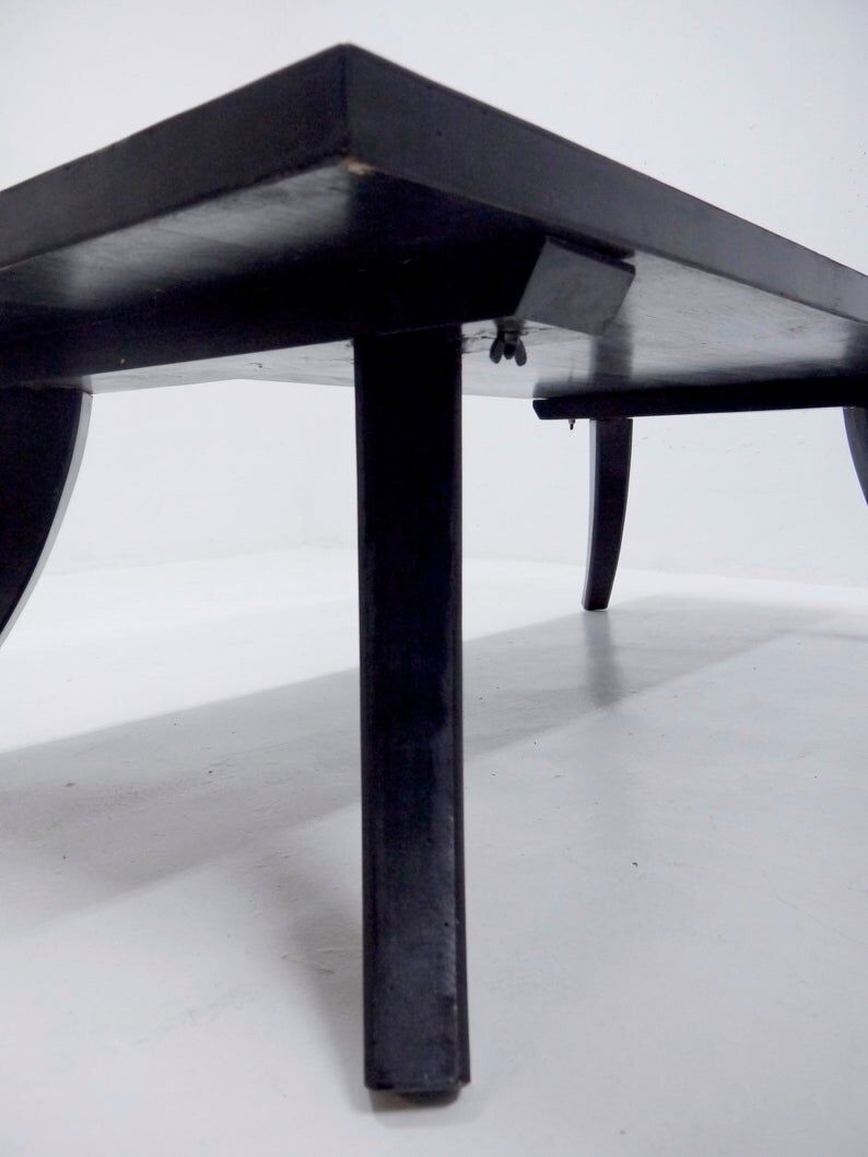 Antique wooden coffee table painted in black and incised with white painted decorations, Ettore Zaccari, Italy c 1910