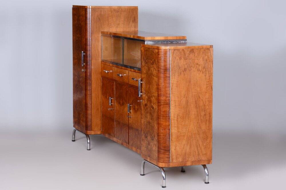 Bauhaus Czechia Sideboard in Walnut and Chrome-Plated Steel by Robert Slezak, 1930s