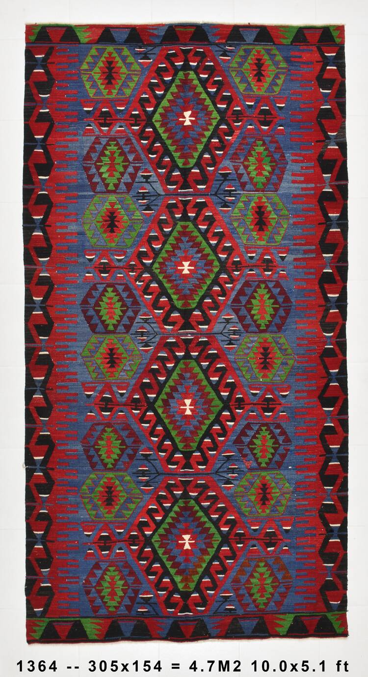 Geometric Blue & Green Vintage Kilim Rug, 154x305Cm