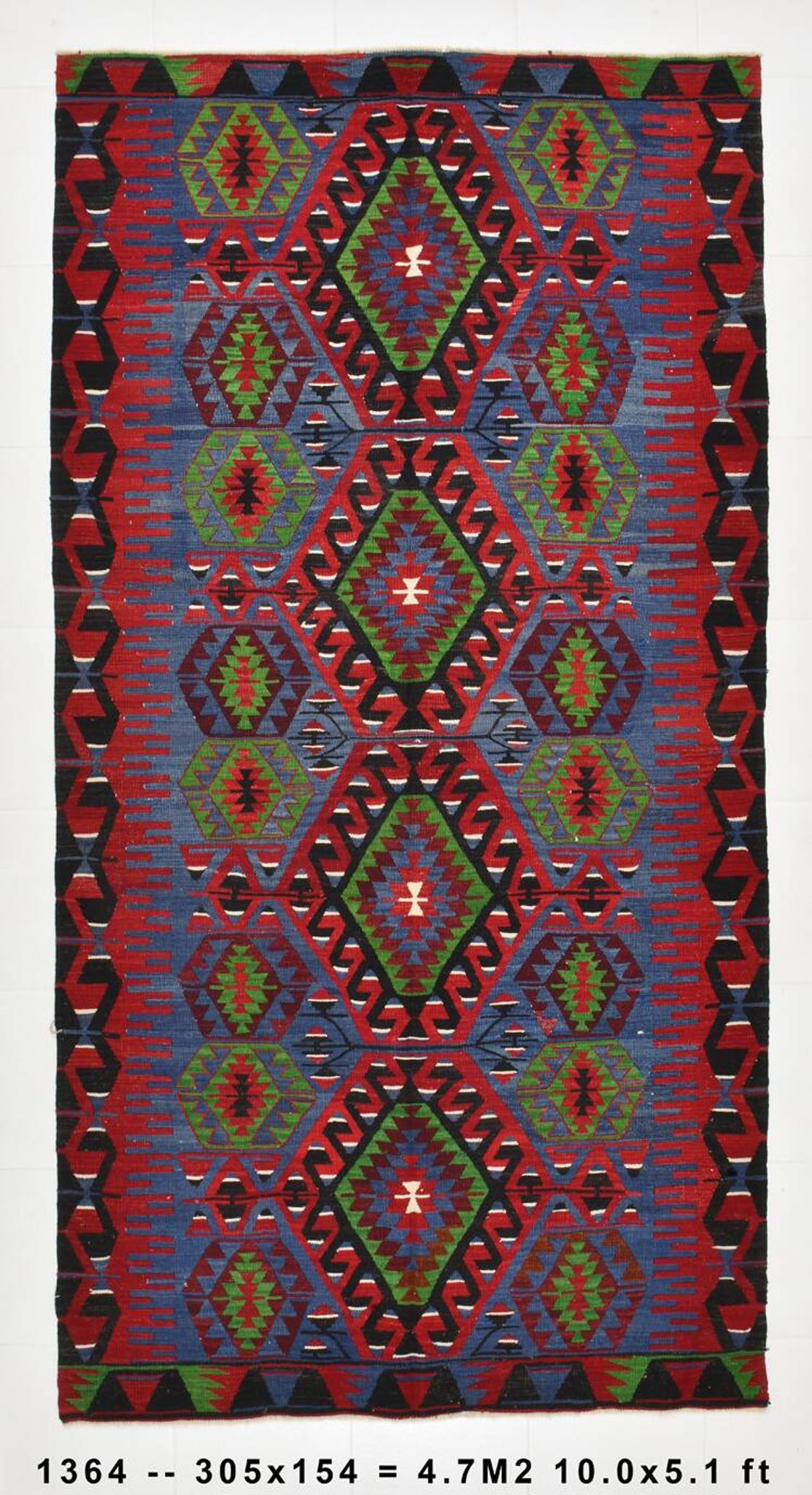 Geometric Blue & Green Vintage Kilim Rug, 154x305Cm