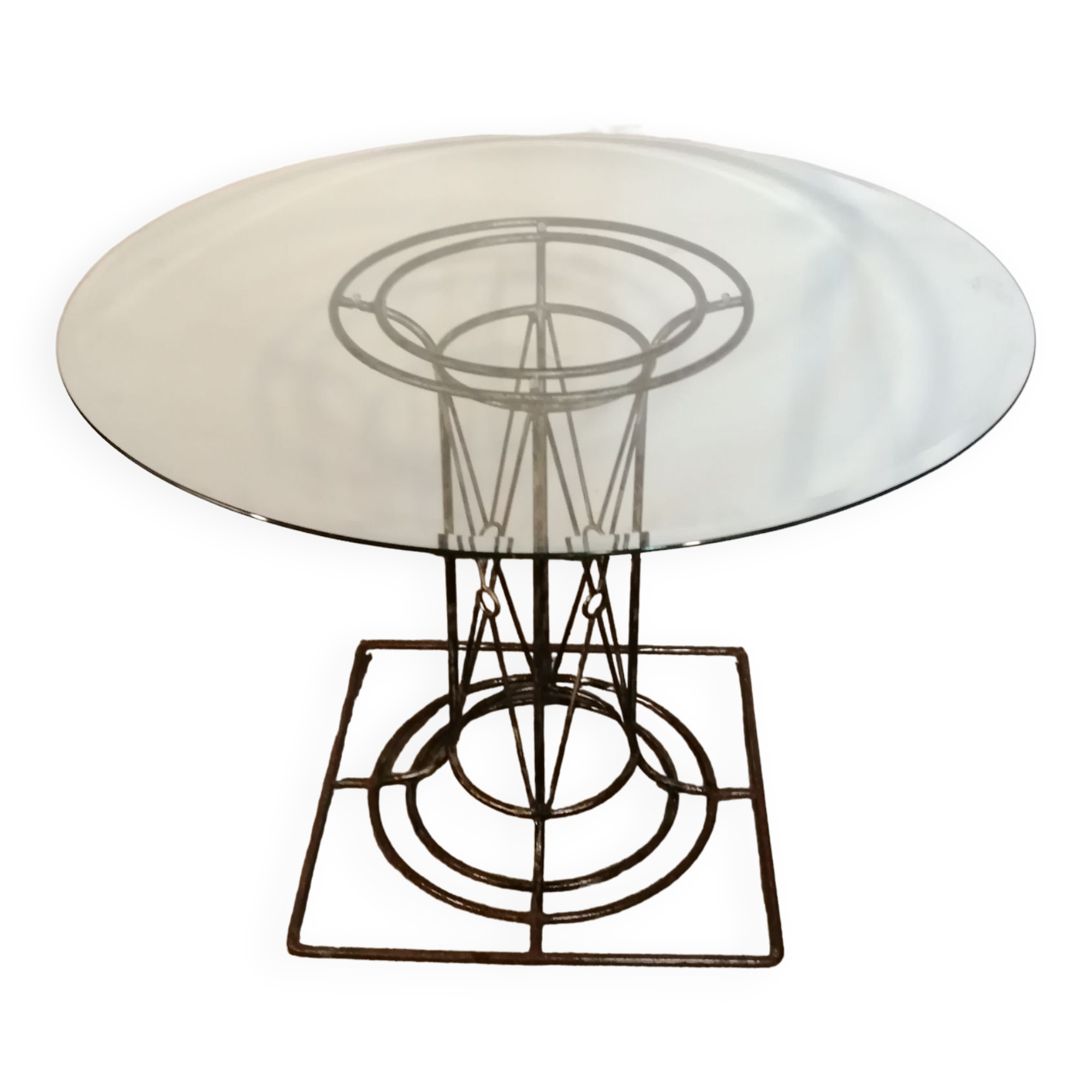Wrought iron dining table with beveled round glass top, vintage 1980